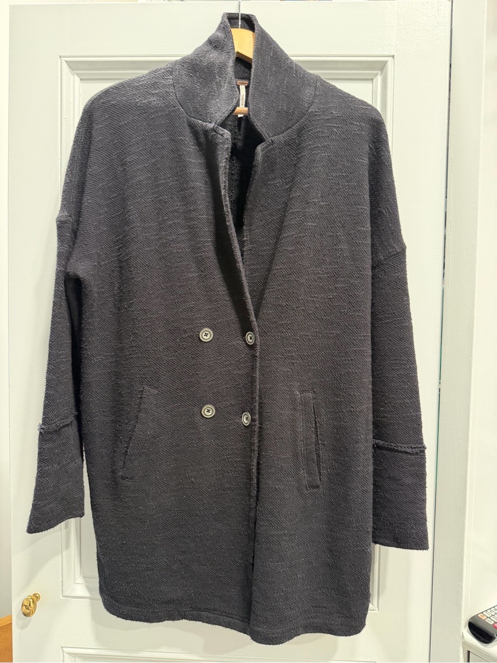 Free People 3/4 Length Double-Breasted Black Sweater Coat - Small